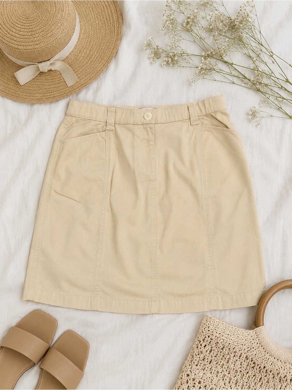 L.L.Bean Classic Fit Khaki Cotton Skirt Size 14 Petite